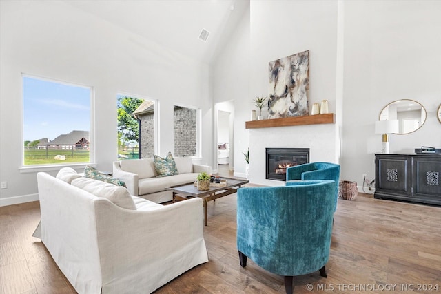 living room featuring a towering ceiling and hardwood / wood-style floors