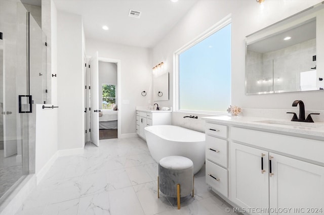 bathroom with separate shower and tub and vanity