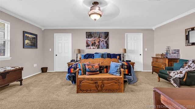 bedroom with carpet floors, ceiling fan, and ornamental molding