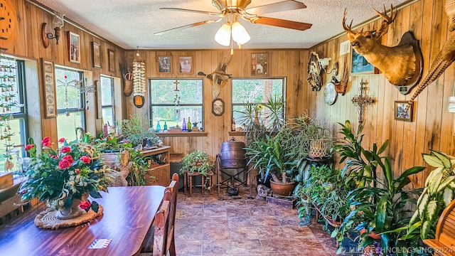 sunroom featuring ceiling fan