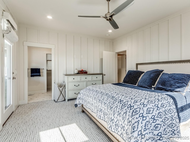 75 Lower Green Way, Carlton Landing, OK 74432 - bedroom with recessed lighting, a decorative wall, a ceiling fan, and light marble finish floors