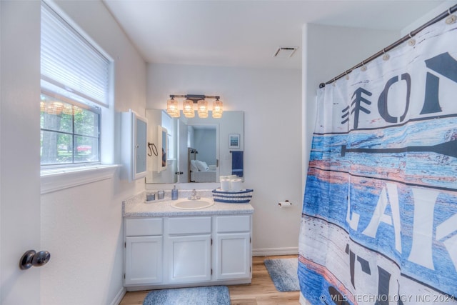 bathroom featuring curtained shower, wood-type flooring, and vanity