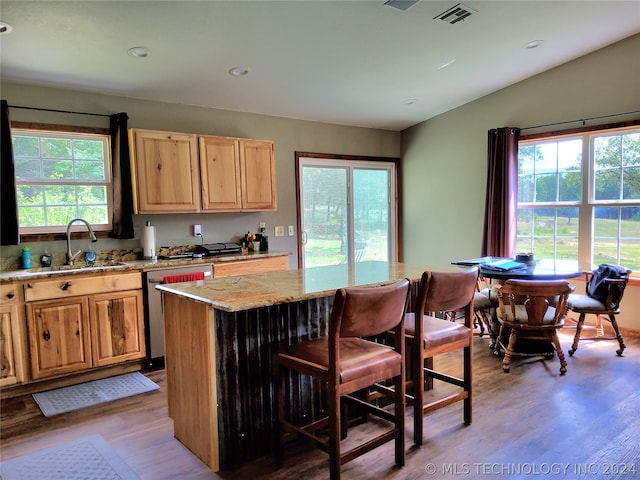 kitchen featuring light stone countertops, light hardwood / wood-style floors, stainless steel dishwasher, a center island, and sink