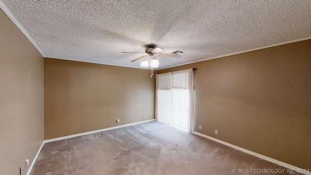 unfurnished bedroom with crown molding, light colored carpet, ceiling fan, and a textured ceiling