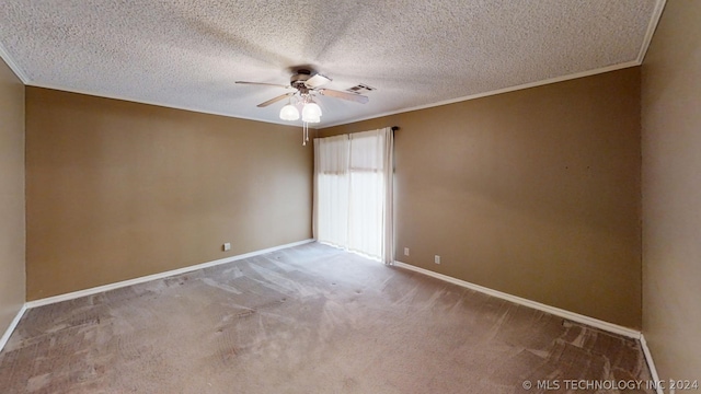 unfurnished bedroom featuring crown molding, ceiling fan, carpet, and a textured ceiling