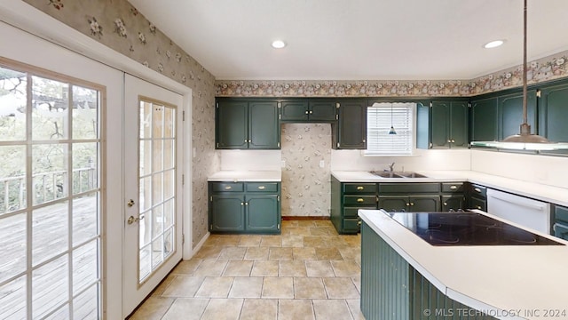 kitchen with french doors, sink, dishwasher, and green cabinets