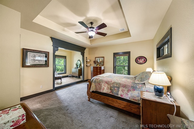 carpeted bedroom featuring ceiling fan, multiple windows, and a raised ceiling