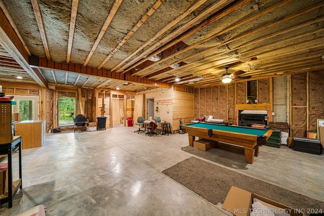 rec room with billiards, ceiling fan, and concrete floors