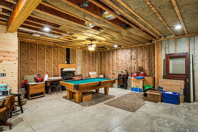 game room with billiards, ceiling fan, and concrete floors