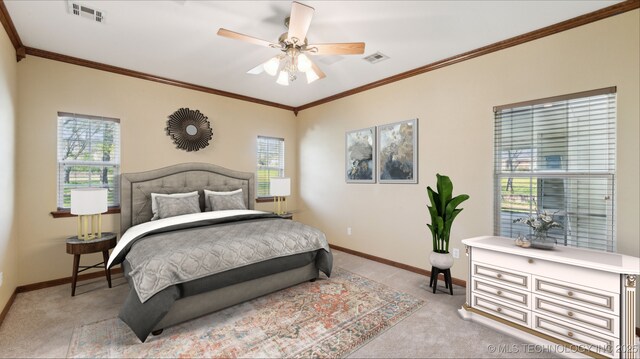 1805 College Park Rd, Claremore, OK 74017 - bedroom with light colored carpet, baseboards, multiple windows, crown molding, and ceiling fan