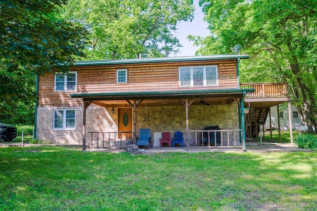 9596 N 447th Rd, Spavinaw, OK 74366 - rear view of house with a patio, stairway, a yard, and stone siding