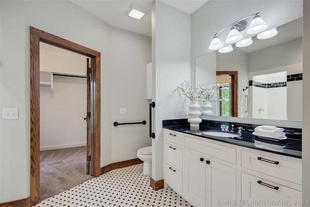 bathroom with vanity, toilet, and a shower