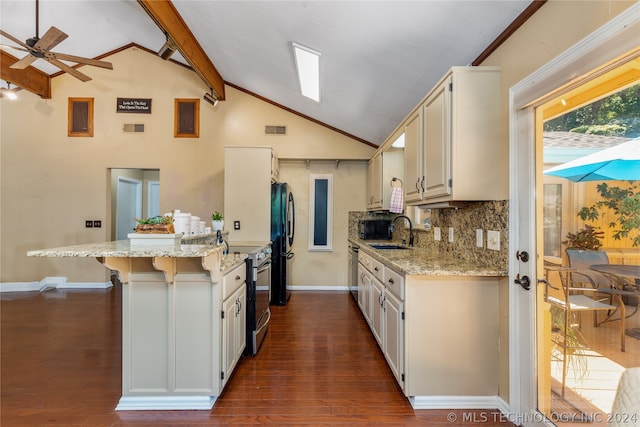 kitchen with dark hardwood / wood-style floors, ceiling fan, stainless steel appliances, light stone counters, and sink