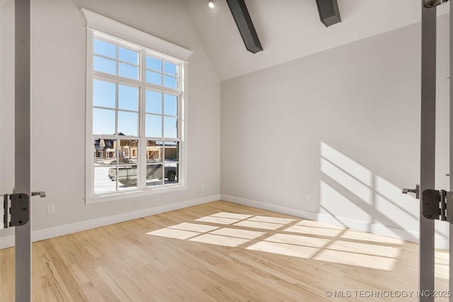 empty room with lofted ceiling, a wealth of natural light, light hardwood / wood-style floors, and french doors