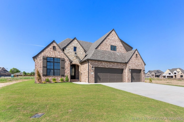 french country style house featuring roof with shingles, an attached garage, a front lawn, brick siding, and driveway