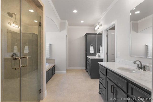full bath featuring a sink, crown molding, and a stall shower