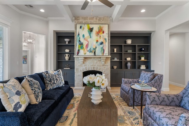 living room featuring beam ceiling, light wood finished floors, and coffered ceiling