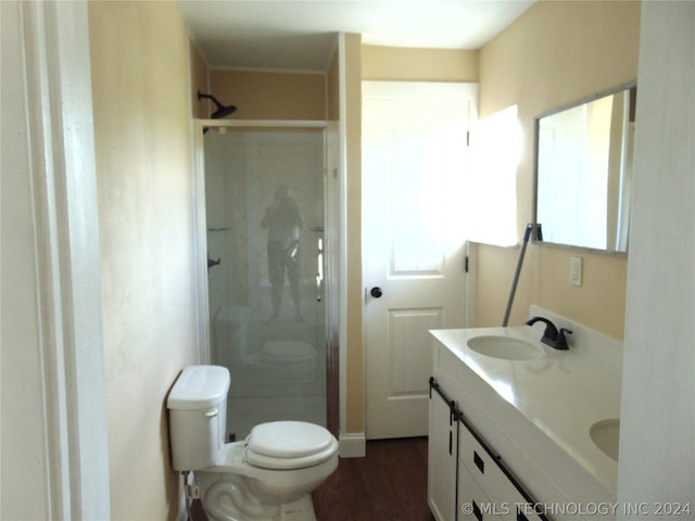 bathroom featuring hardwood / wood-style floors, vanity, toilet, and walk in shower