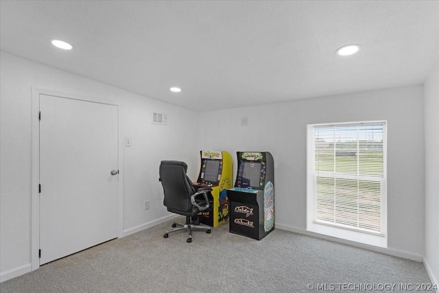 office space featuring visible vents, recessed lighting, baseboards, and carpet floors