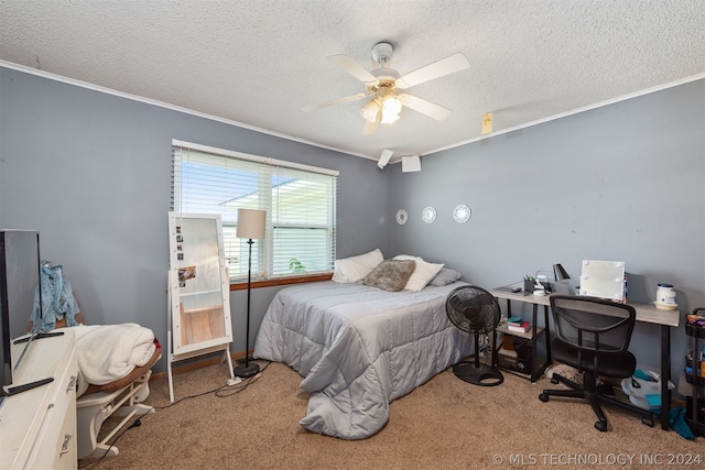 carpeted bedroom featuring crown molding, a textured ceiling, and ceiling fan