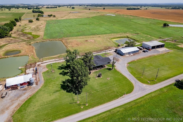 bird's eye view featuring a water view and a rural view