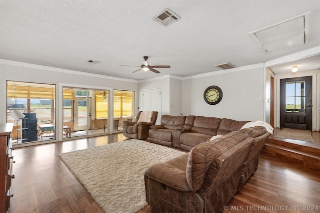 living room with crown molding, ceiling fan, dark hardwood / wood-style flooring, and a wealth of natural light