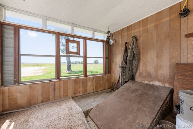 miscellaneous room with a textured ceiling and wooden walls