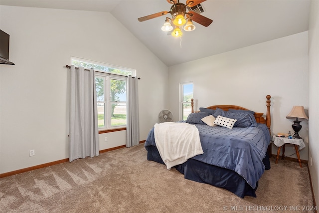 bedroom featuring ceiling fan, high vaulted ceiling, and light carpet