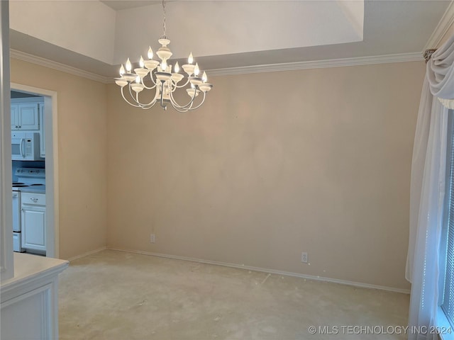 unfurnished dining area with crown molding, a tray ceiling, light carpet, and a notable chandelier