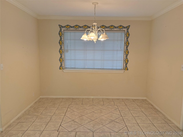 tiled empty room with ornamental molding and a chandelier