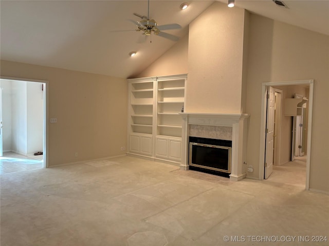 unfurnished living room featuring ceiling fan, a fireplace, high vaulted ceiling, and light carpet