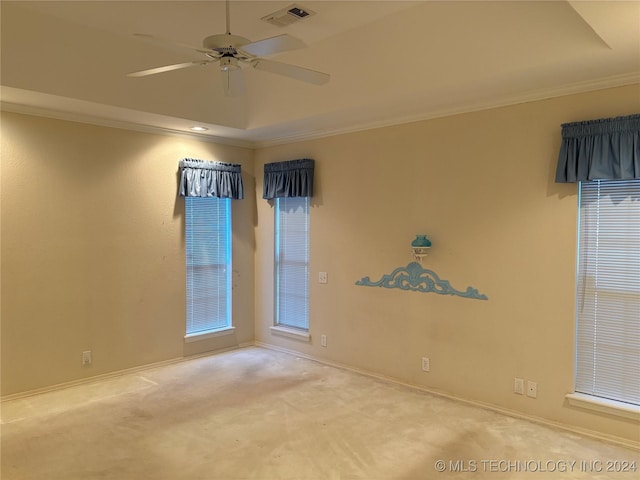 carpeted spare room with a tray ceiling, crown molding, and ceiling fan