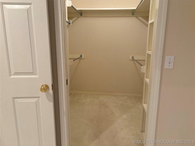 walk in closet featuring light colored carpet