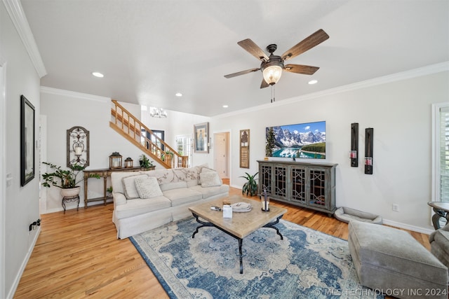 living room featuring ceiling fan with notable chandelier, light wood-type flooring, and crown molding