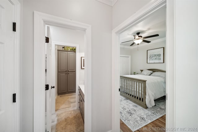 bedroom with ceiling fan, light wood-type flooring, and crown molding