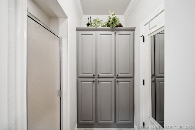 interior space featuring crown molding and gray cabinetry