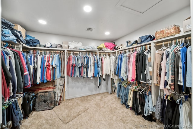 walk in closet featuring light carpet