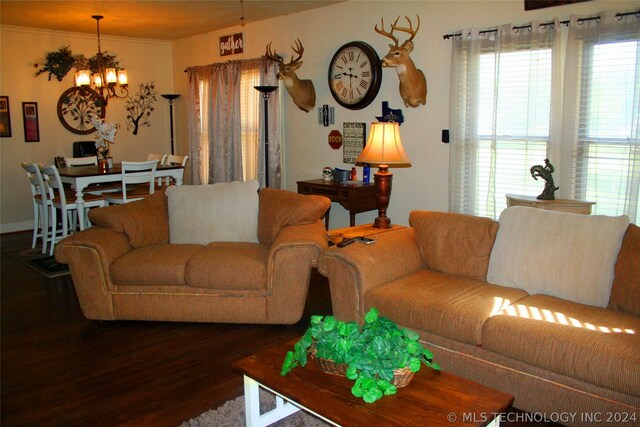 living room featuring a notable chandelier and hardwood / wood-style flooring