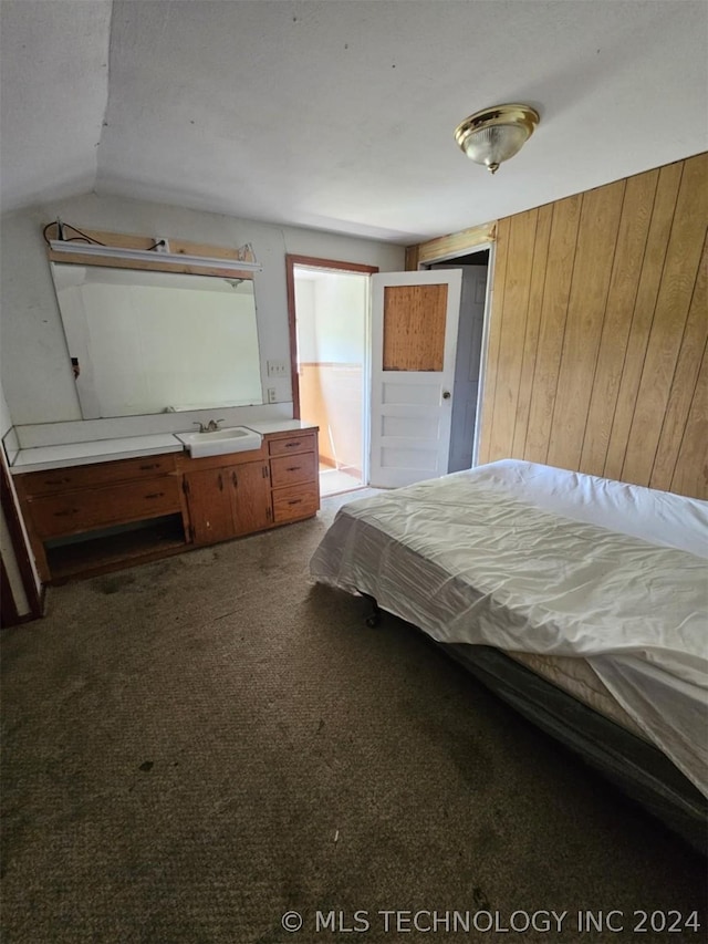 303 S B, Davis, OK 73030 - carpeted bedroom featuring lofted ceiling, a sink, and wooden walls
