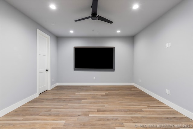 empty room with recessed lighting, light wood-type flooring, baseboards, and ceiling fan