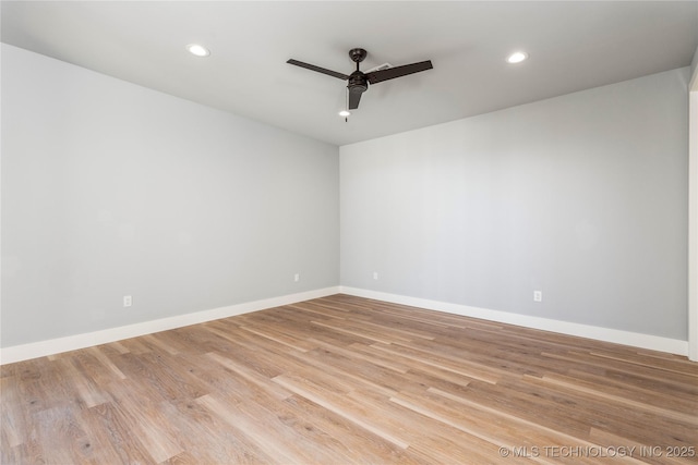 unfurnished room with ceiling fan, recessed lighting, baseboards, and light wood finished floors