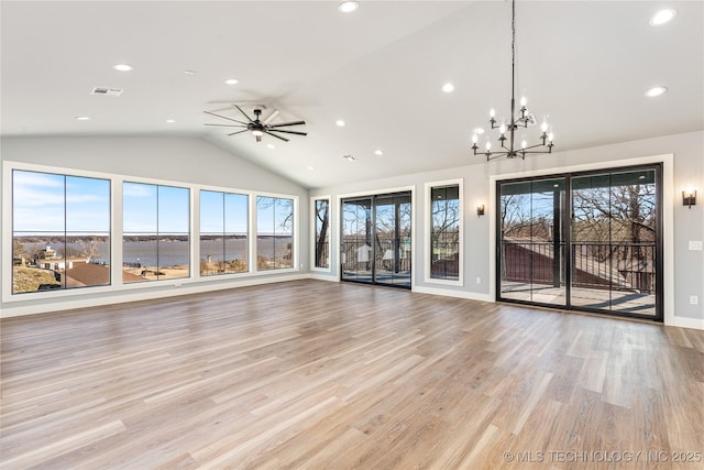 22 Vinita Cir, Monkey Island, OK 74331 - unfurnished living room featuring vaulted ceiling, a chandelier, a ceiling fan, recessed lighting, and light wood-type flooring