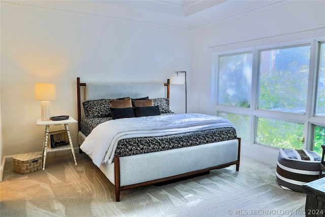 carpeted bedroom featuring crown molding