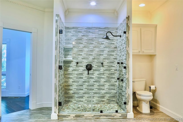 bathroom featuring walk in shower, ornamental molding, toilet, and wood-type flooring