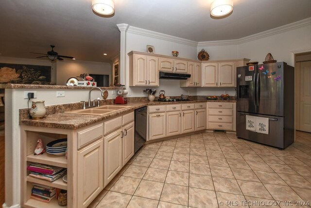 kitchen featuring crown molding, sink, kitchen peninsula, and black appliances