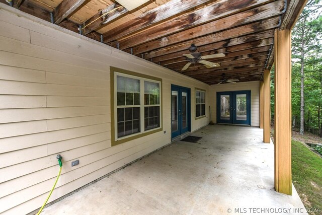 view of patio / terrace featuring french doors and ceiling fan