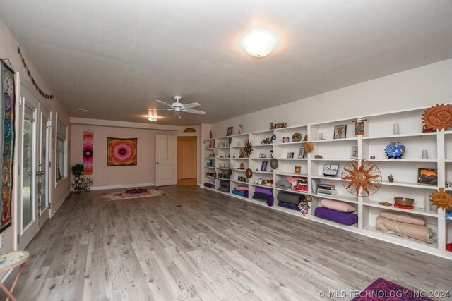 interior space featuring ceiling fan and light wood-type flooring