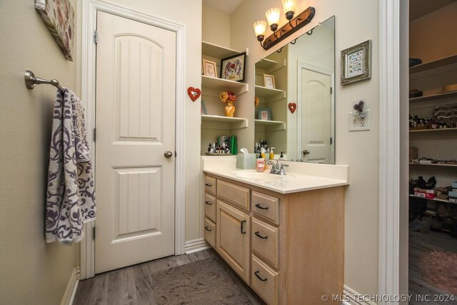 bathroom with vanity and wood-type flooring