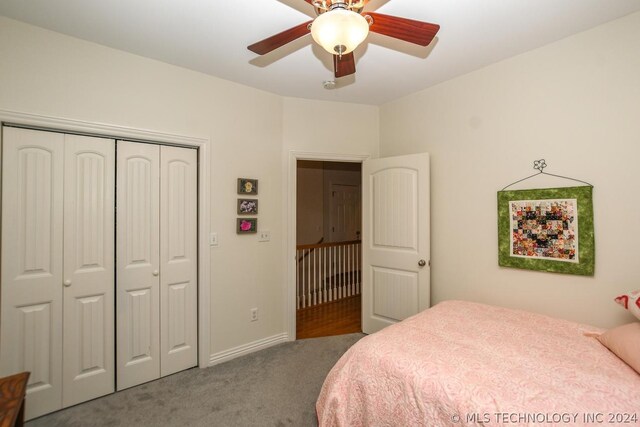 bedroom featuring carpet floors, a closet, and ceiling fan