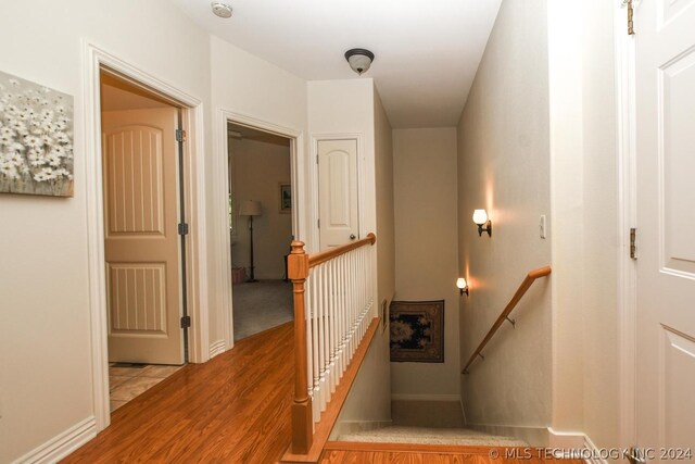 staircase with hardwood / wood-style flooring